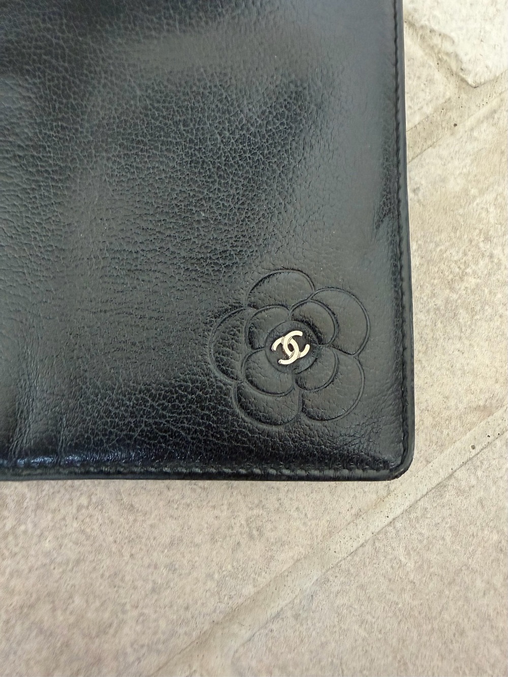 Chanel Butterfly Camellia Black Leather Bifold Long Wallet Silver CC